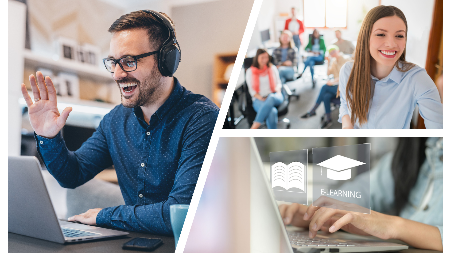 Collage highlighting various formats of language training: live online, face-to-face, and e-learning, for corporate education.