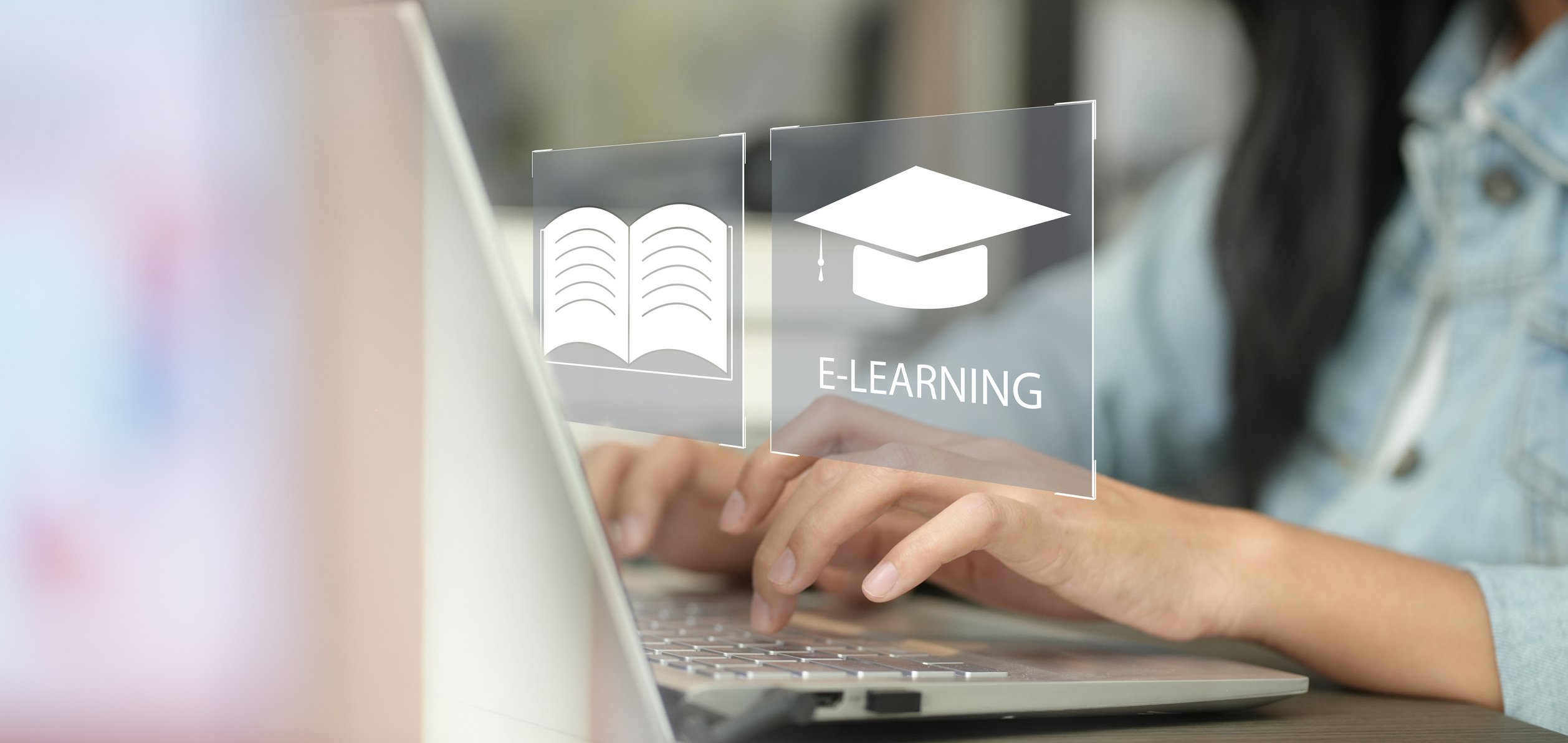 E-learning interface on a laptop for optimizing corporate language training engagement, emphasizing online education benefits.