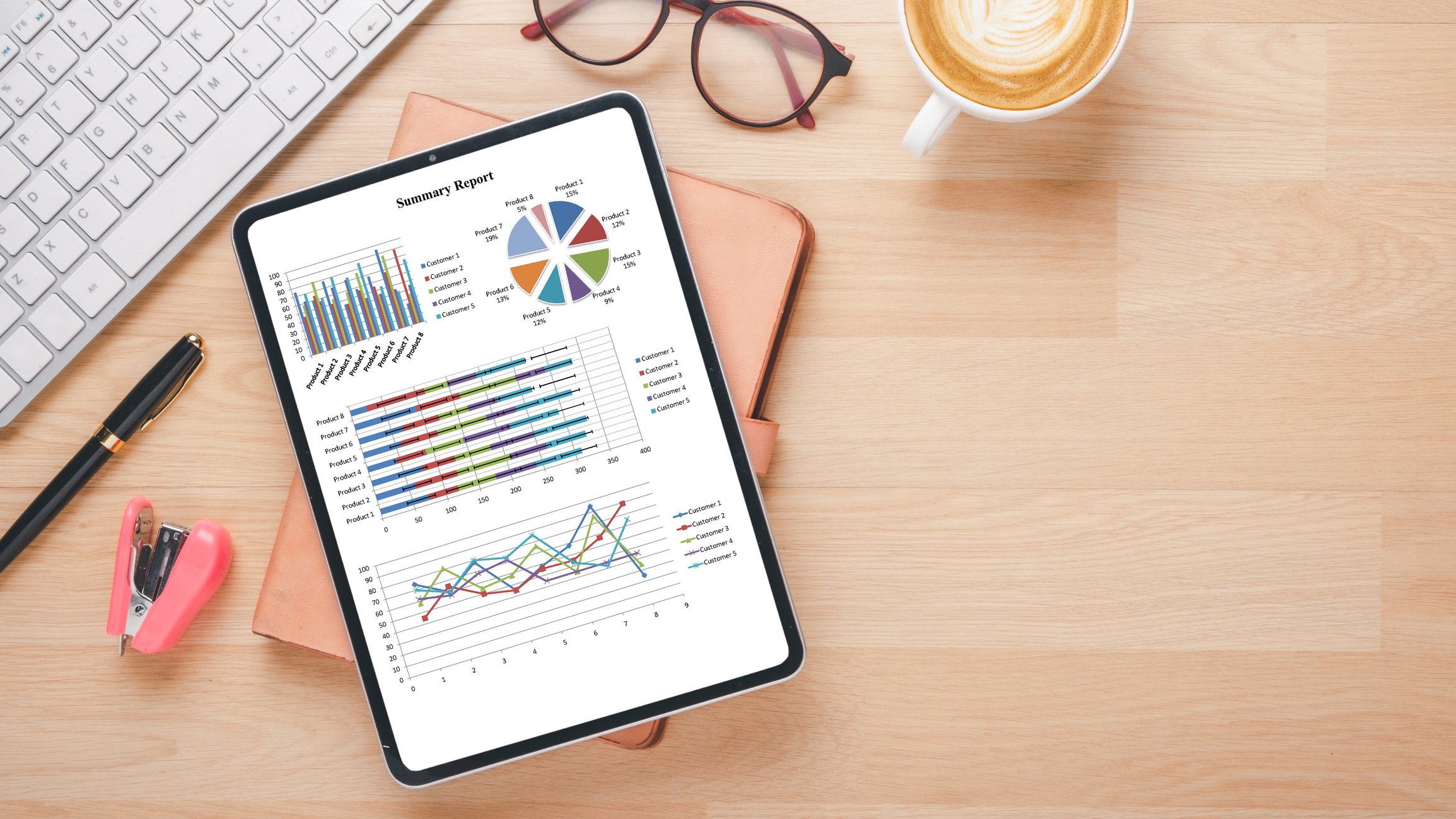 Analyzing ROI in corporate language training: tablet displaying data charts and graphs for performance tracking and learning effectiveness measurement