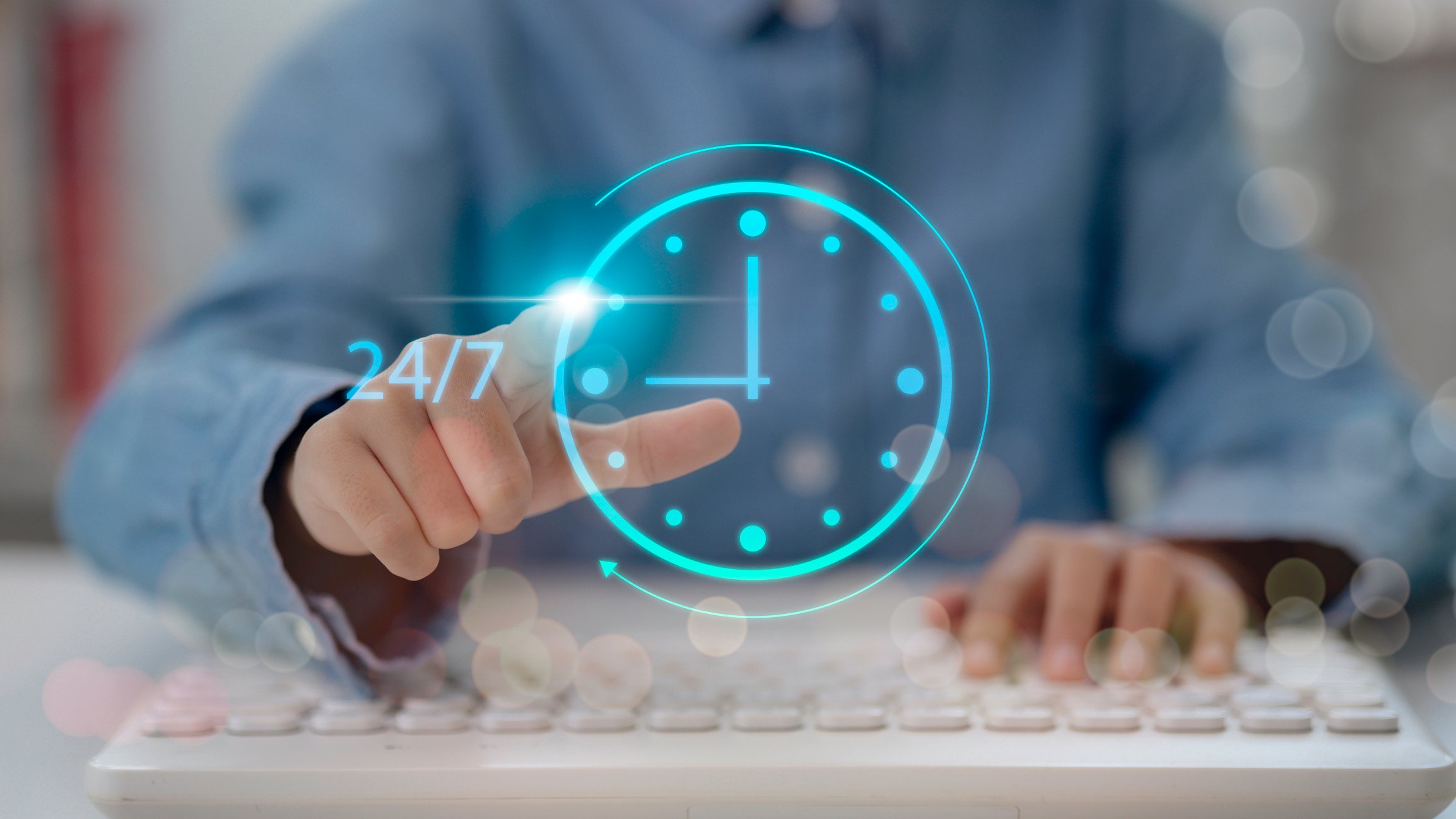 24/7 digital access to corporate language training: hand interacting with virtual clock symbolizing flexible learning and maximizing ROI for global teams