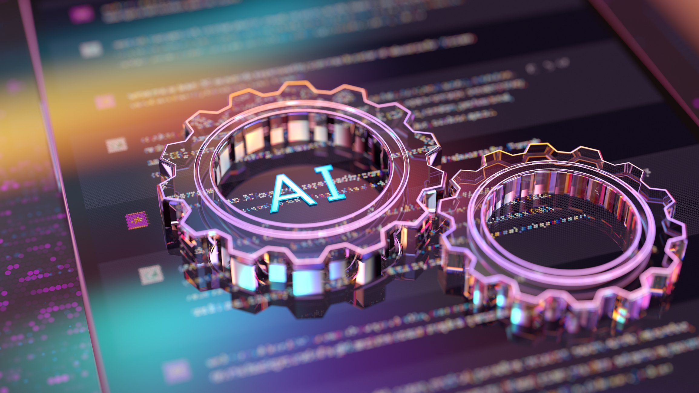 AI-powered automation and digital tools in corporate language training: colorful gears and programming code symbolizing technology-driven learning optimization to maximize ROI