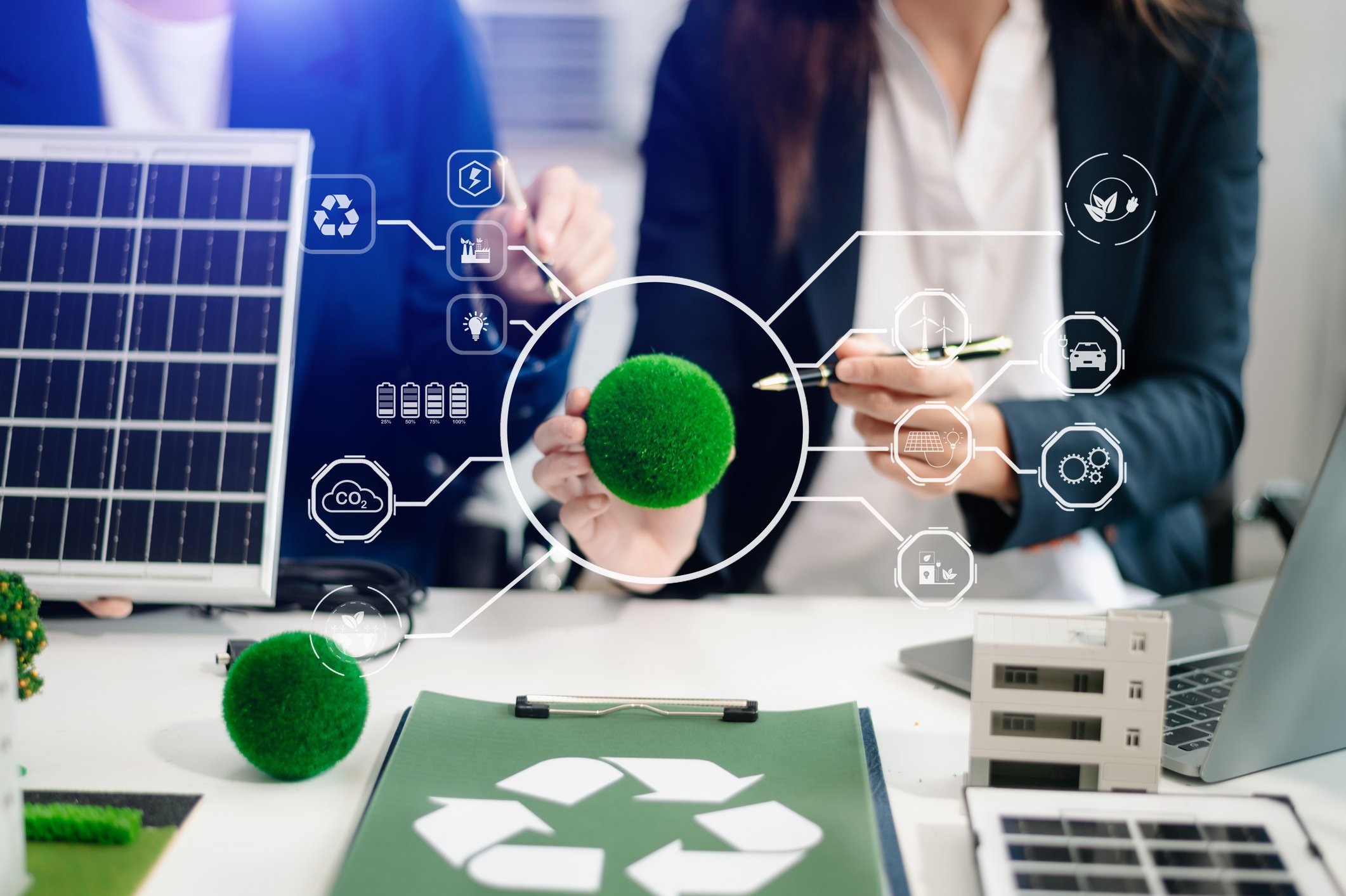 Business professionals using digital tools with solar panels and recycling icons, representing eco-friendly online corporate training and sustainable learning