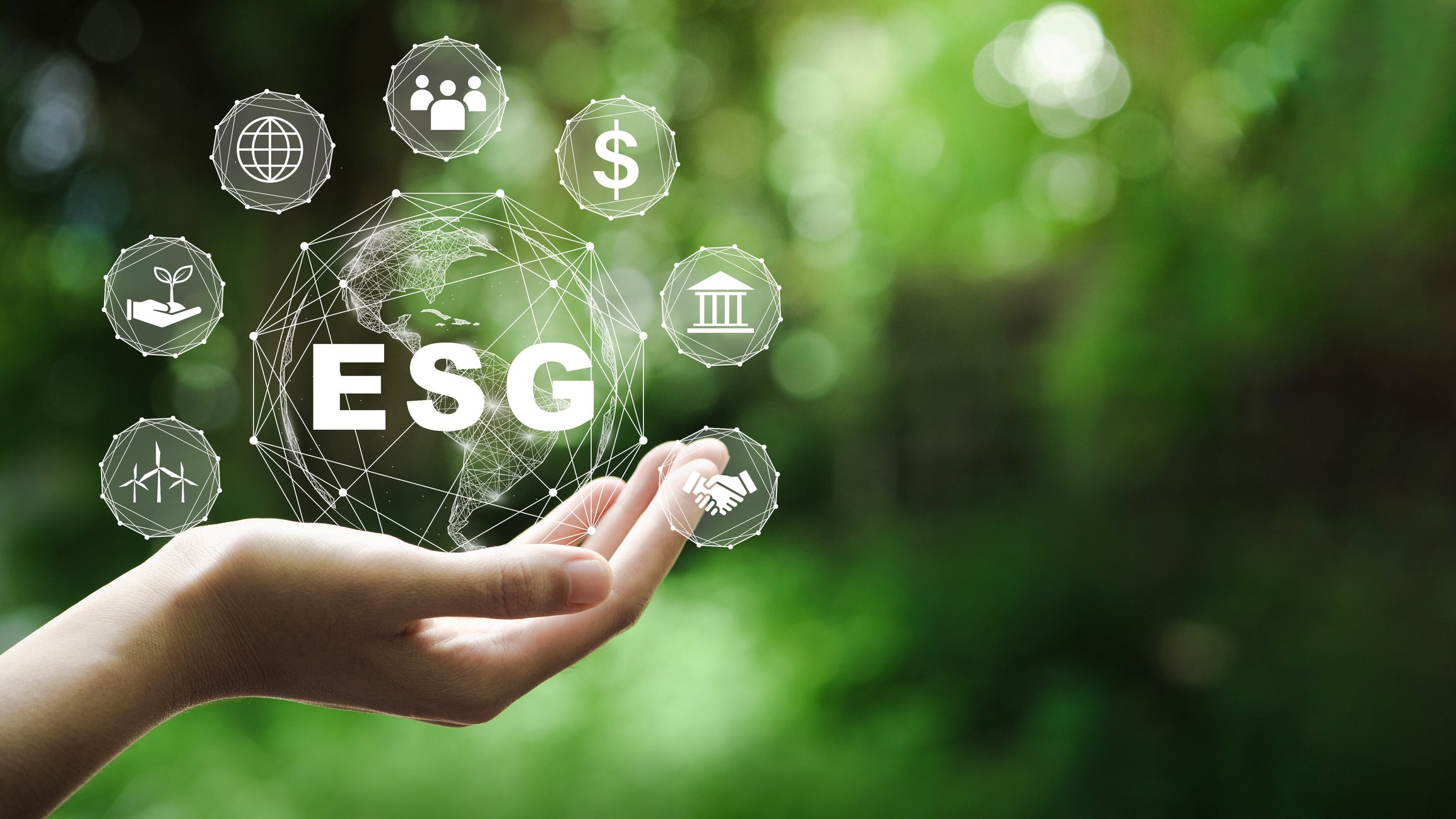 Hand holding a digital globe with ESG and sustainability icons, representing the integration of green skills into corporate training curricula