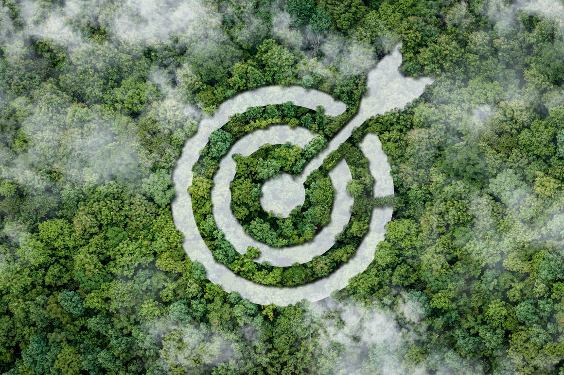 Aerial view of dense green forest with a target and arrow shape carved through the trees, symbolizing achieving sustainability goals and a greener future
