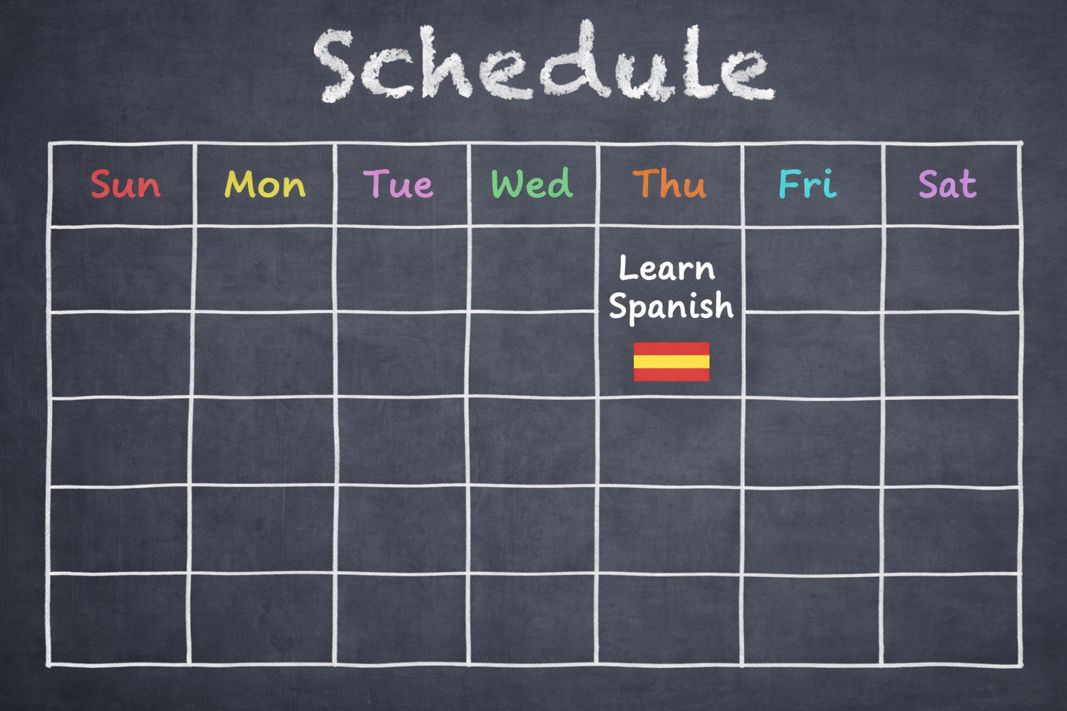 Chalkboard weekly schedule with “Learn Spanish” written in one box and a small Spanish flag below it.
