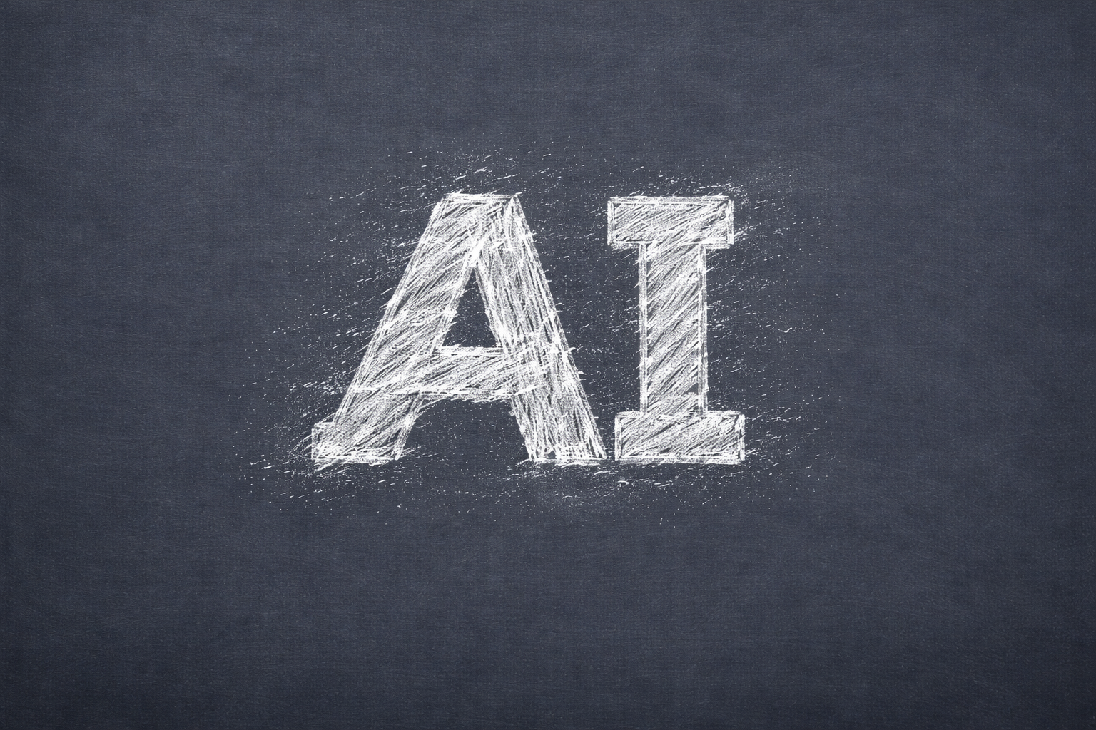The letters “AI” written in white chalk on a dark chalkboard background.
