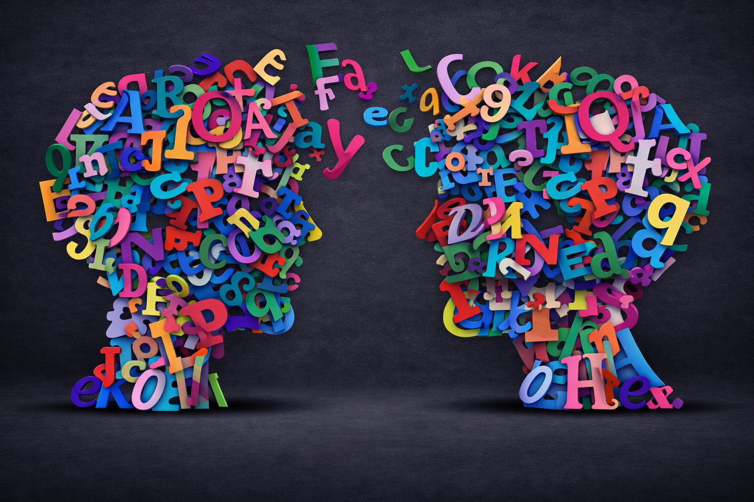 Two human head silhouettes face each other against a dark background, each formed from a dense collage of colorful letters, numbers, and symbols spilling inward toward the center.