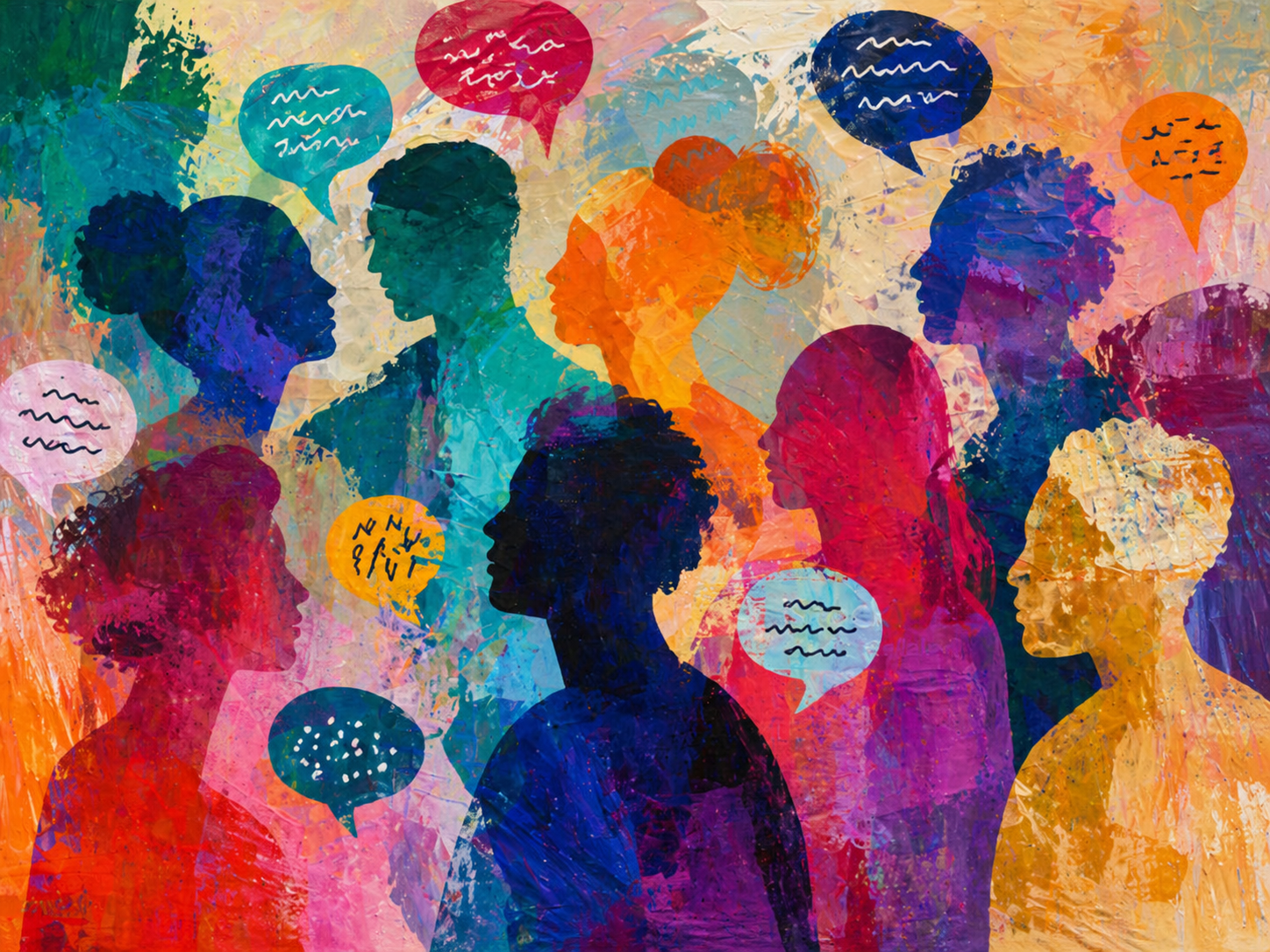 Colorful abstract illustration of diverse people in conversation, with speech bubbles representing customer-facing communication, empathy, and active listening.