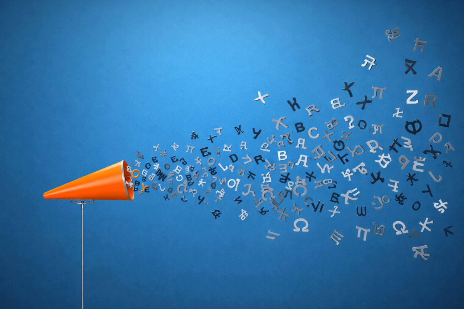 Orange megaphone releasing a stream of letters and multilingual characters across a blue background.