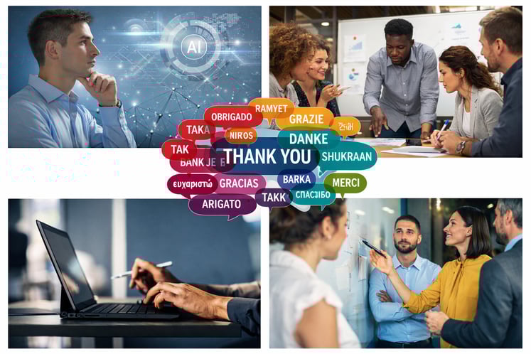 AI, multilingual communication, digital work, and team collaboration, with ‘Thank You’ surrounded by words of thanks in multiple languages at the center.