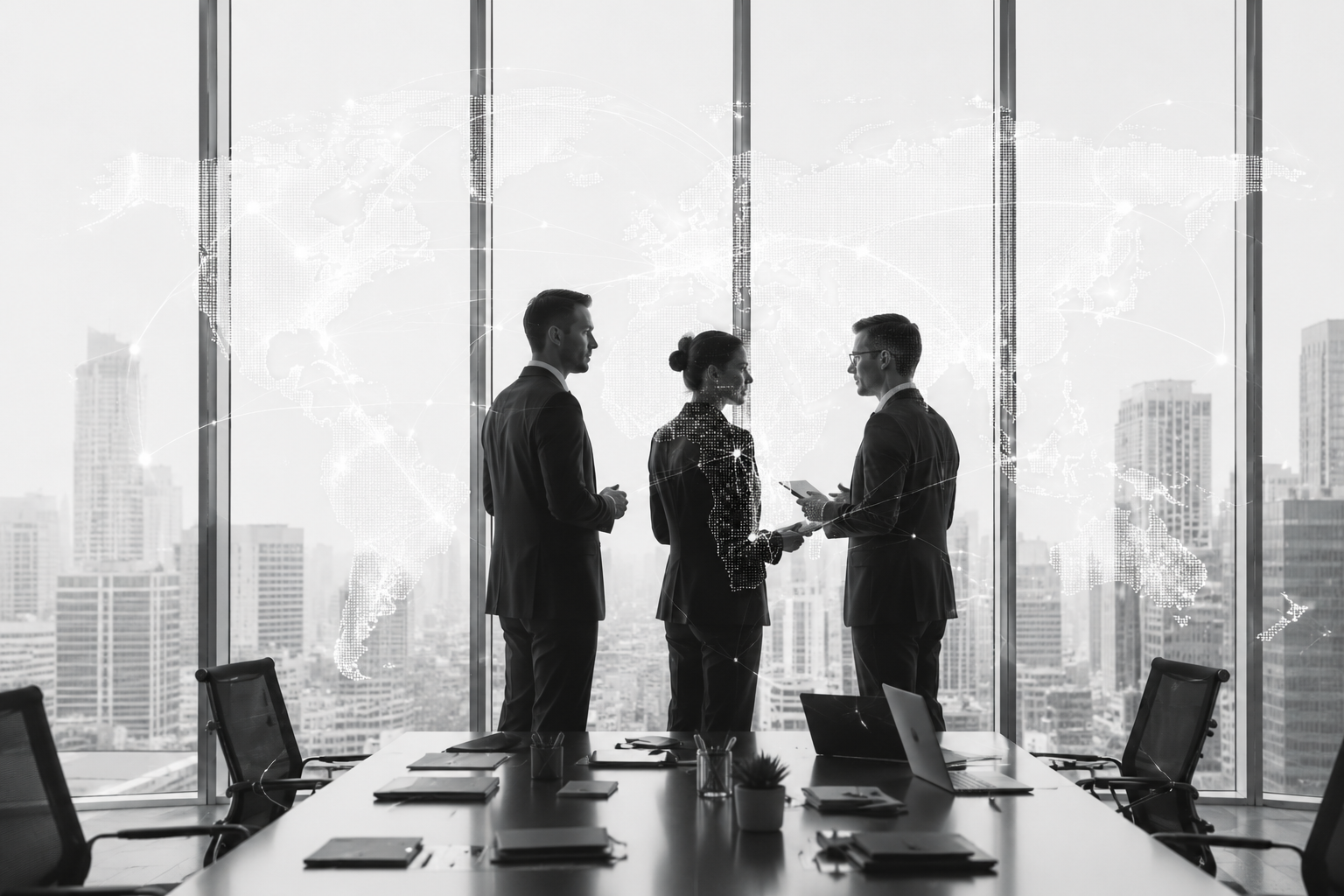 Business professionals in a meeting room with a world map overlay, symbolizing global teams, language capability, and international business communication