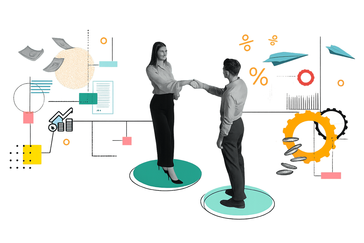 Business professionals shaking hands on abstract platforms, surrounded by financial and growth icons, symbolizing language training ROI and business value.