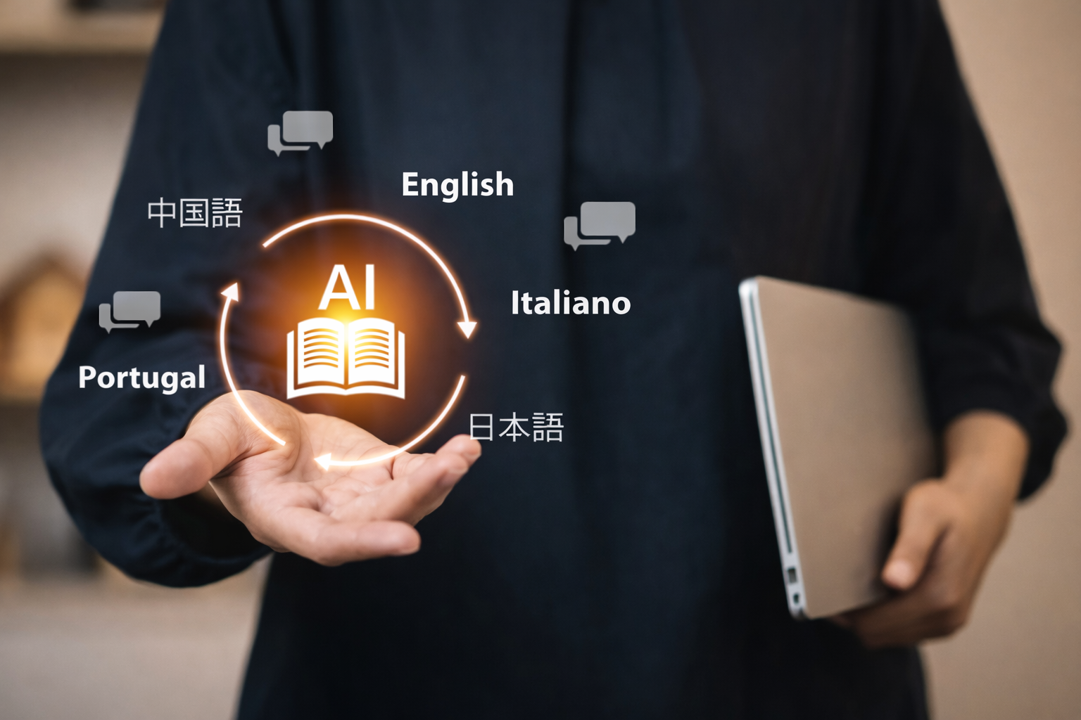 Person in a dark shirt holding a laptop while presenting a glowing AI language interface above an open hand, surrounded by multilingual text and chat icons.