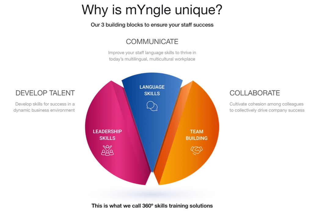 mYngle 360° skills training solutions: language skills, leadership skills, and team building for workforce development